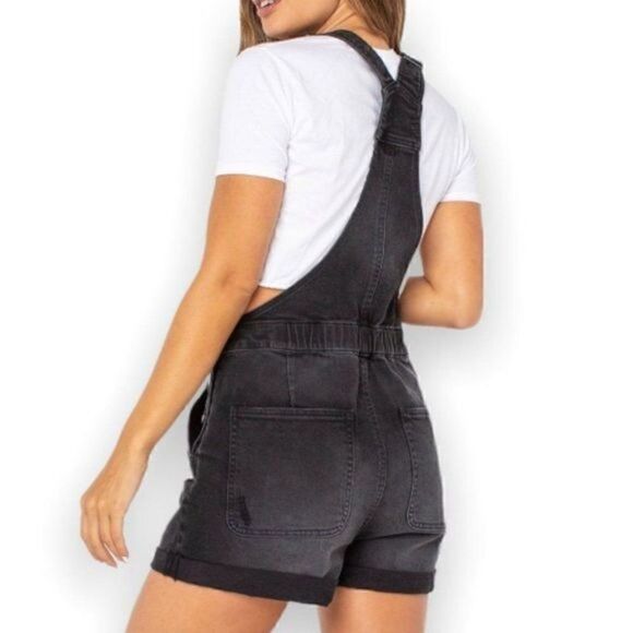 Black Distressed Juniors Short Overalls - Picture 3 of 8